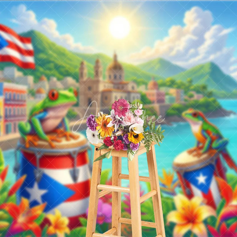 Aperturee - Aperturee Vibrant Puerto Rican Flag and Coqui Frogs Tropical Holiday Backdrop Caribbean Town Ocean Scenery Party Decor