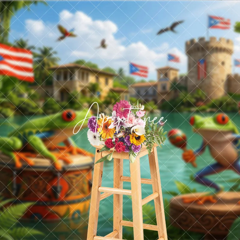 Aperturee - Aperturee Vibrant Puerto Rican Flag and Tree Frog Holiday Backdrop with Maracas Tropical Celebration Party Decor