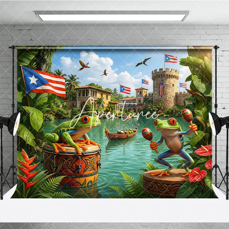 Aperturee - Aperturee Vibrant Puerto Rican Flag and Tree Frog Holiday Backdrop with Maracas Tropical Celebration Party Decor
