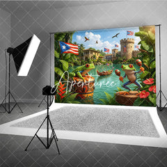 Aperturee - Aperturee Vibrant Puerto Rican Flag and Tree Frog Holiday Backdrop with Maracas Tropical Celebration Party Decor