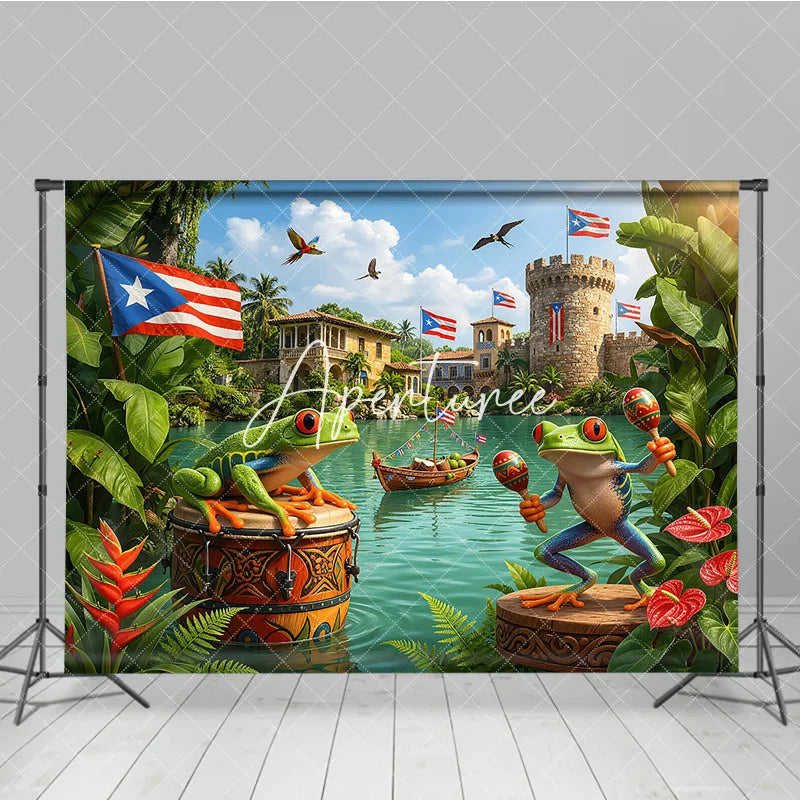 Aperturee - Aperturee Vibrant Puerto Rican Flag and Tree Frog Holiday Backdrop with Maracas Tropical Celebration Party Decor