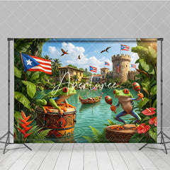 Aperturee - Aperturee Vibrant Puerto Rican Flag and Tree Frog Holiday Backdrop with Maracas Tropical Celebration Party Decor