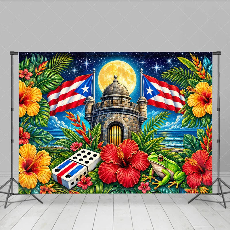 Aperturee - Aperturee Vibrant Puerto Rican Flag and Tropical Island Holiday Backdrop Full Moon Starry Night Celebration Party Decor