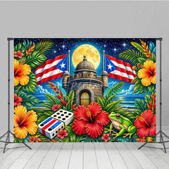Aperturee - Aperturee Vibrant Puerto Rican Flag and Tropical Island Holiday Backdrop Full Moon Starry Night Celebration Party Decor