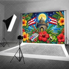 Aperturee - Aperturee Vibrant Puerto Rican Flag and Tropical Island Holiday Backdrop Full Moon Starry Night Celebration Party Decor