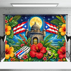 Aperturee - Aperturee Vibrant Puerto Rican Flag and Tropical Island Holiday Backdrop Full Moon Starry Night Celebration Party Decor