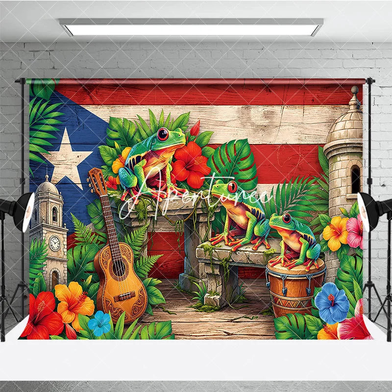 Aperturee - Aperturee Vibrant Puerto Rican Flag Holiday Backdrop with Coqui Frogs Tropical Flowers and Historic Architecture