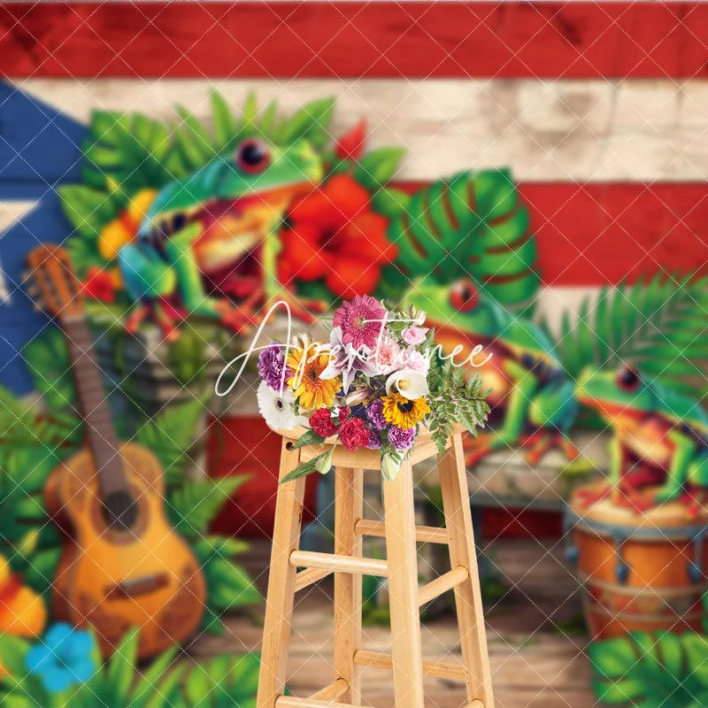 Aperturee - Aperturee Vibrant Puerto Rican Flag Holiday Backdrop with Coqui Frogs Tropical Flowers and Historic Architecture