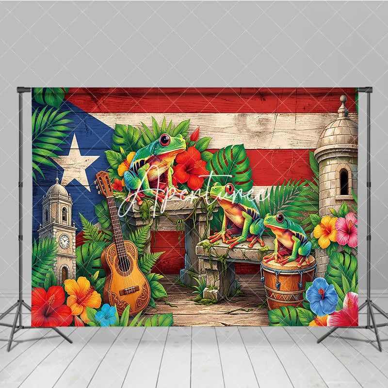 Aperturee - Aperturee Vibrant Puerto Rican Flag Holiday Backdrop with Coqui Frogs Tropical Flowers and Historic Architecture