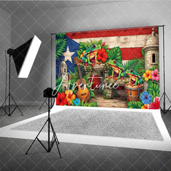 Aperturee - Aperturee Vibrant Puerto Rican Flag Holiday Backdrop with Coqui Frogs Tropical Flowers and Historic Architecture