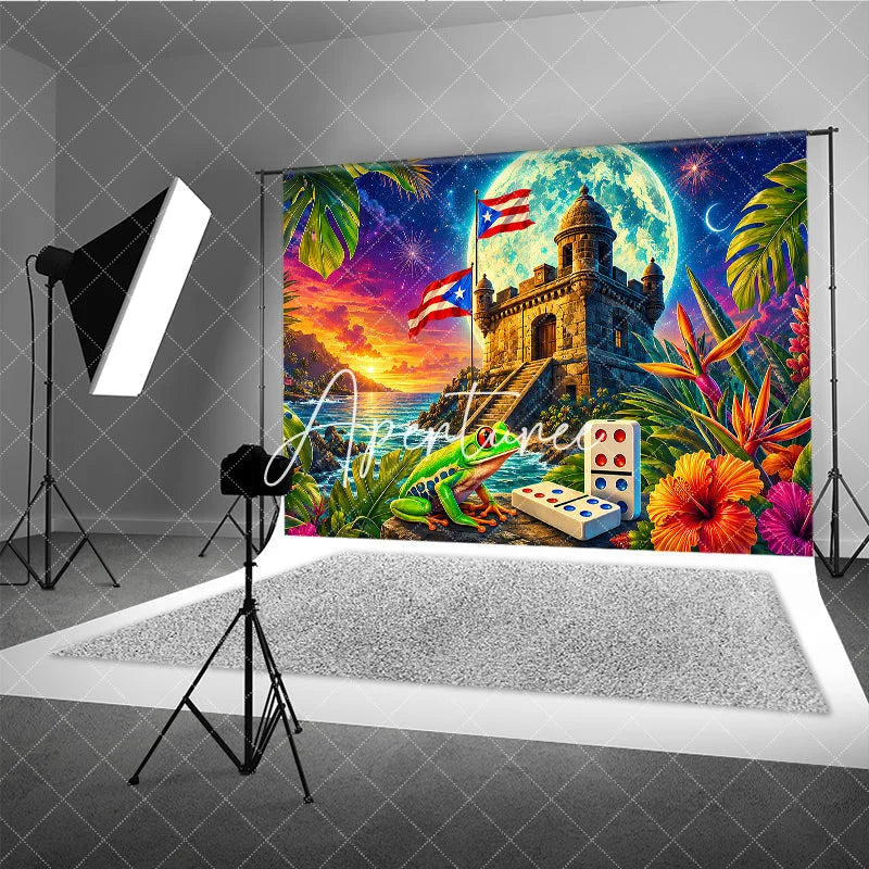 Aperturee - Aperturee Vibrant Puerto Rican Flag Holiday Backdrop with Tropical Fortress Sunset Starry Night and Festive Frog