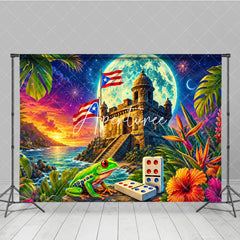 Aperturee - Aperturee Vibrant Puerto Rican Flag Holiday Backdrop with Tropical Fortress Sunset Starry Night and Festive Frog
