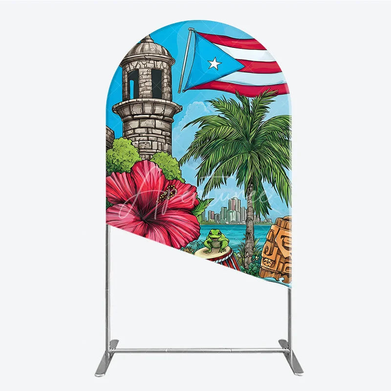 Aperturee - Aperturee Vibrant Puerto Rican Flag Round Top Arch Backdrop with Tropical Flowers Historic Tower and Island Cityscape