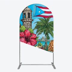 Aperturee - Aperturee Vibrant Puerto Rican Flag Round Top Arch Backdrop with Tropical Flowers Historic Tower and Island Cityscape