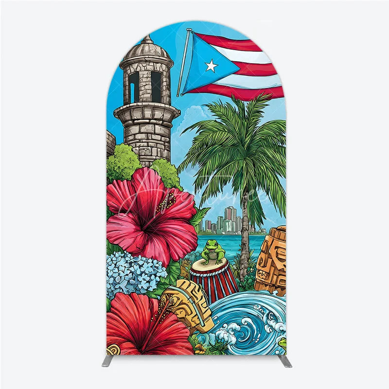 Aperturee - Aperturee Vibrant Puerto Rican Flag Round Top Arch Backdrop with Tropical Flowers Historic Tower and Island Cityscape