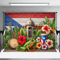 Aperturee - Aperturee Vibrant Puerto Rican Flag Tropical Holiday Backdrop with Lush Leaves Hibiscus Flowers Sentry Box and Coqui Frog