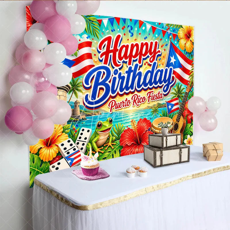 Aperturee - Aperturee Vibrant Puerto Rico Fiesta Happy Birthday Backdrop Tropical Ocean Flags and Cultural Celebration Decor