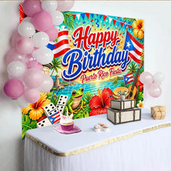 Aperturee - Aperturee Vibrant Puerto Rico Fiesta Happy Birthday Backdrop Tropical Ocean Flags and Cultural Celebration Decor