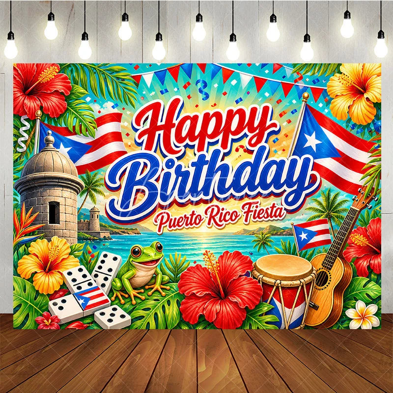 Aperturee - Aperturee Vibrant Puerto Rico Fiesta Happy Birthday Backdrop Tropical Ocean Flags and Cultural Celebration Decor