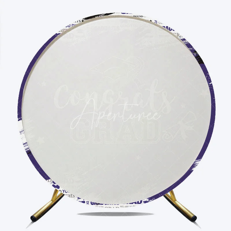 Aperturee - Aperturee Vibrant Purple and White Congrats Grad Round Backdrop with Graduation Cap and Diploma for Celebration Party Decor