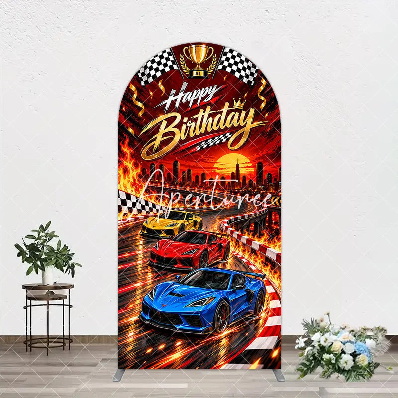 Aperturee - Aperturee Vibrant Racing Cars Happy Birthday Round Top Arch Backdrop featuring Checkered Flags and Golden Trophy