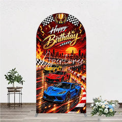 Aperturee - Aperturee Vibrant Racing Cars Happy Birthday Round Top Arch Backdrop featuring Checkered Flags and Golden Trophy