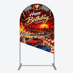 Aperturee - Aperturee Vibrant Racing Cars Happy Birthday Round Top Arch Backdrop featuring Checkered Flags and Golden Trophy