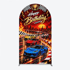 Aperturee - Aperturee Vibrant Racing Cars Happy Birthday Round Top Arch Backdrop featuring Checkered Flags and Golden Trophy