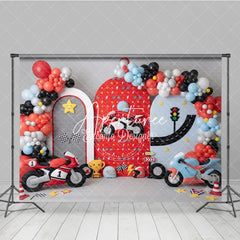 Aperturee - Aperturee Vibrant Racing Motorcycle Photography Backdrop with Arched Panels Balloons and Checkered Flags for Kids Birthday Party