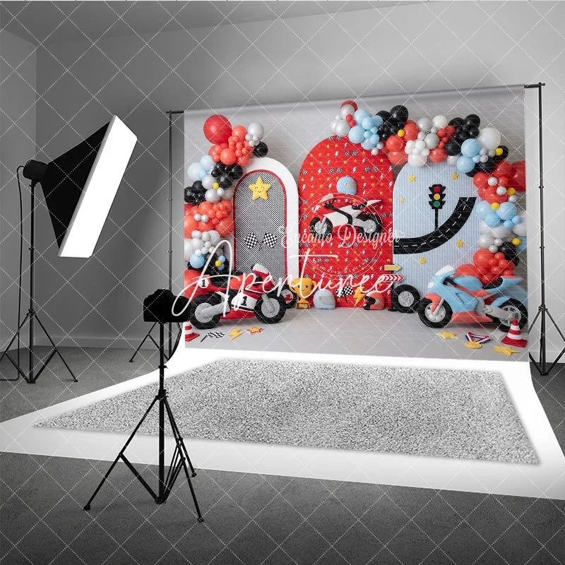 Aperturee - Aperturee Vibrant Racing Motorcycle Photography Backdrop with Arched Panels Balloons and Checkered Flags for Kids Birthday Party