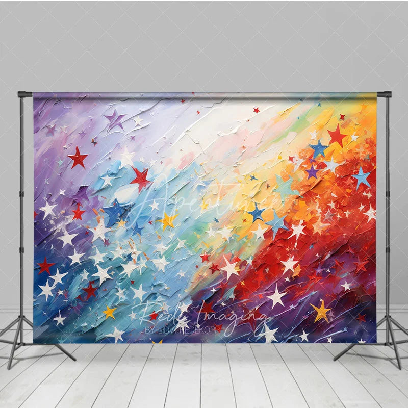 Aperturee - Aperturee Vibrant Rainbow Abstract Painting Photography Backdrop with Colorful Stars Artistic Textured Design for Birthday Party