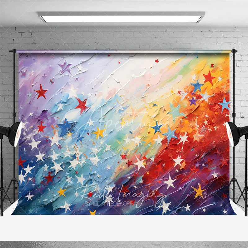 Aperturee - Aperturee Vibrant Rainbow Abstract Painting Photography Backdrop with Colorful Stars Artistic Textured Design for Birthday Party
