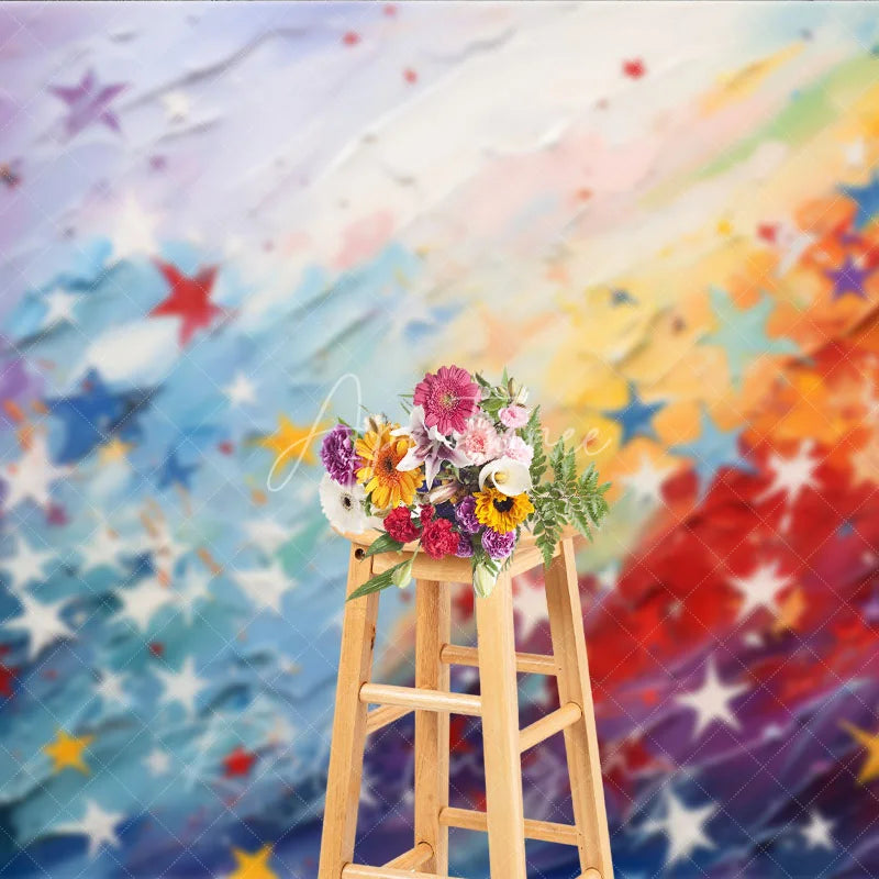 Aperturee - Aperturee Vibrant Rainbow Abstract Painting Photography Backdrop with Colorful Stars Artistic Textured Design for Birthday Party
