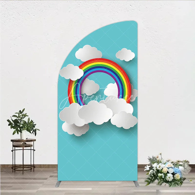 Aperturee - Aperturee Vibrant Rainbow and Paper Cut Clouds Half Moon Arch Backdrop Whimsical Baby Shower Birthday Party Decor