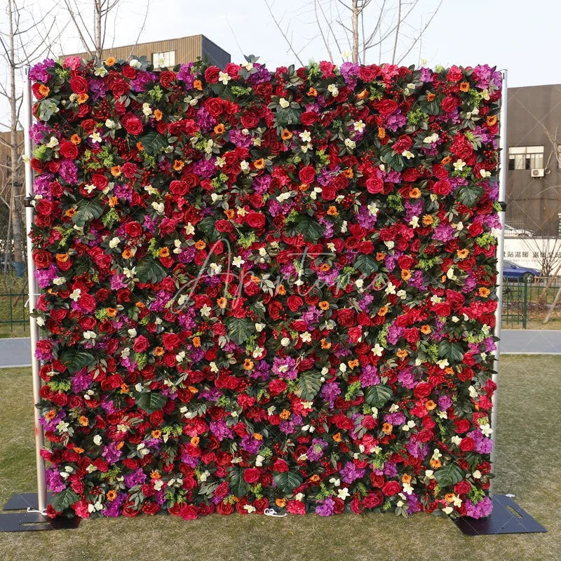 Aperturee - Aperturee Vibrant Red and Pink Artificial Flower Wall Lush Floral Backdrop for Wedding and Party Decor