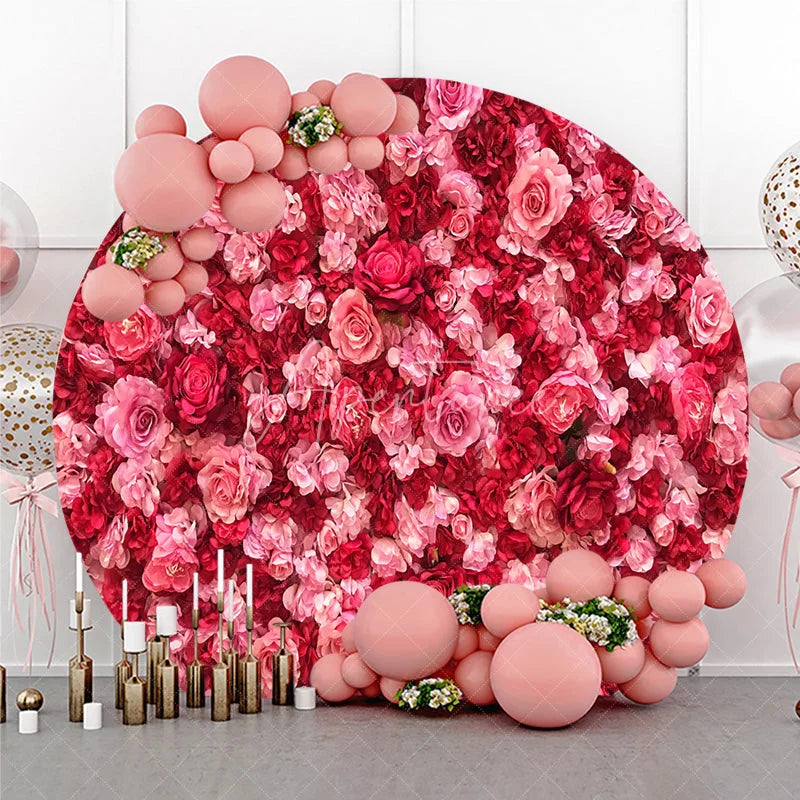 Aperturee - Aperturee Vibrant Red and Pink Floral Wall Round Backdrop Romantic Rose and Hydrangea Flower Decor for Weddings