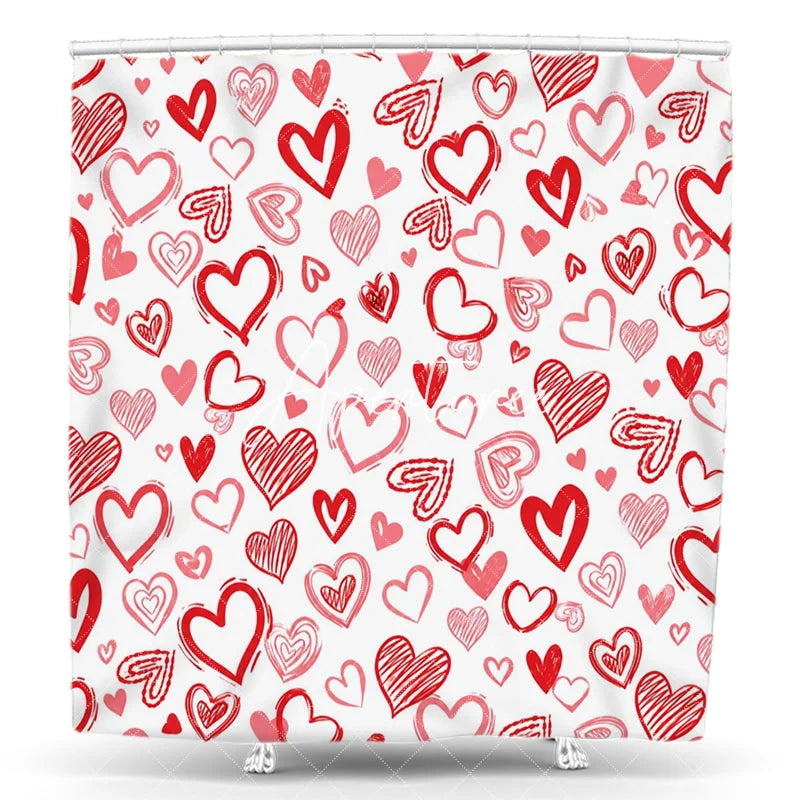 Aperturee - Aperturee Vibrant Red and Pink Sketched Hearts Pattern Shower Curtain Romantic Love Theme for Valentine’s Day Decor