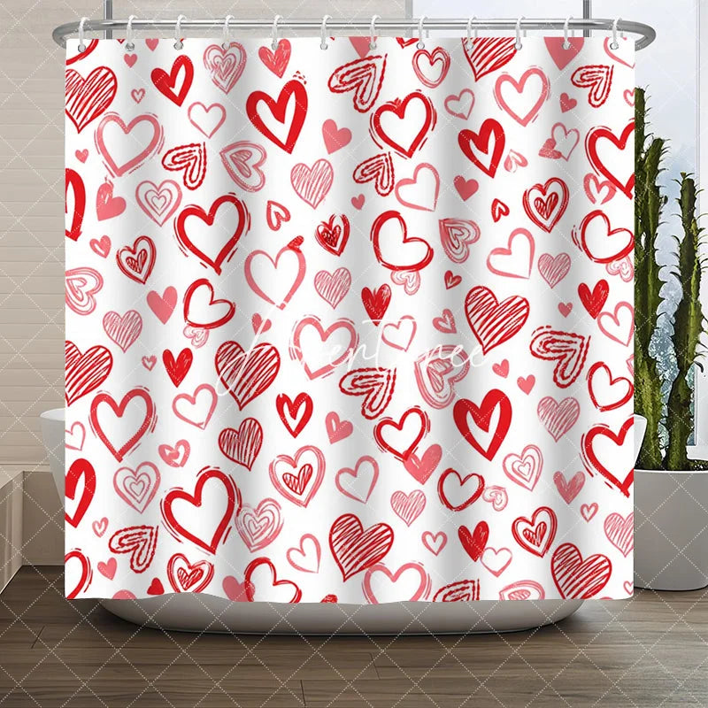 Aperturee - Aperturee Vibrant Red and Pink Sketched Hearts Pattern Shower Curtain Romantic Love Theme for Valentine’s Day Decor