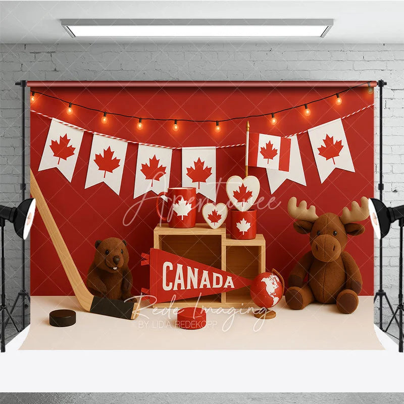 Aperturee - Aperturee Vibrant Red and White Canadian Maple Leaf Photography Backdrop Hockey Beaver and Moose for National Celebration