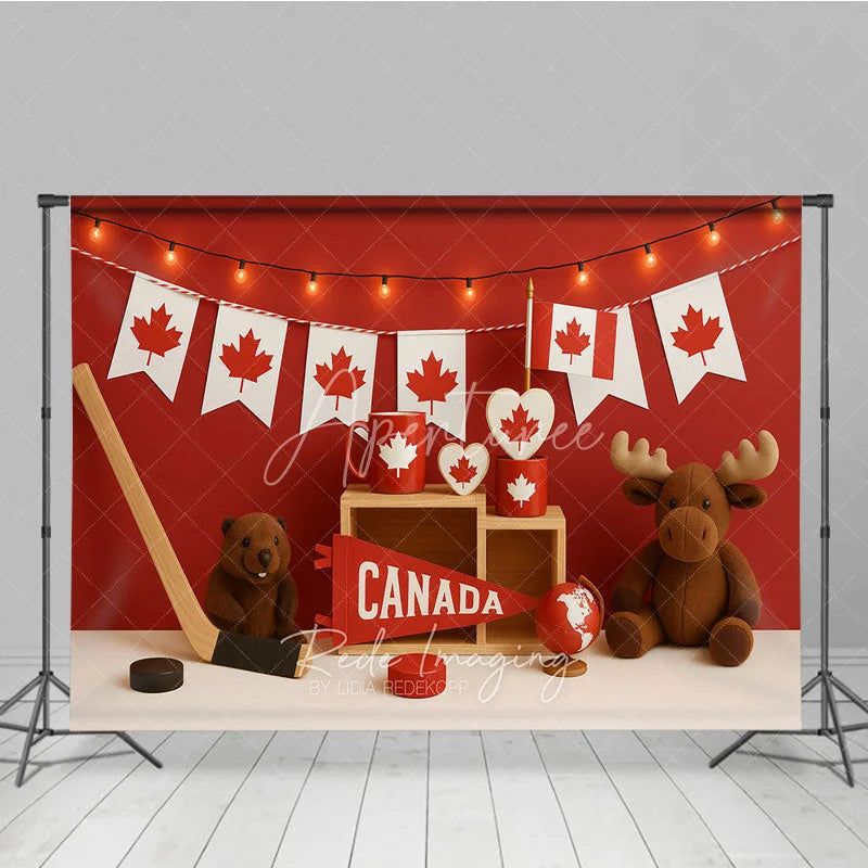 Aperturee - Aperturee Vibrant Red and White Canadian Maple Leaf Photography Backdrop Hockey Beaver and Moose for National Celebration
