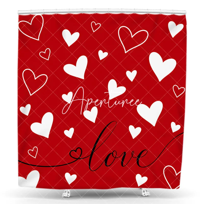 Aperturee - Aperturee Vibrant Red and White Hearts Love Script Shower Curtain Romantic Valentine’s Day Bathroom Decor for Couples