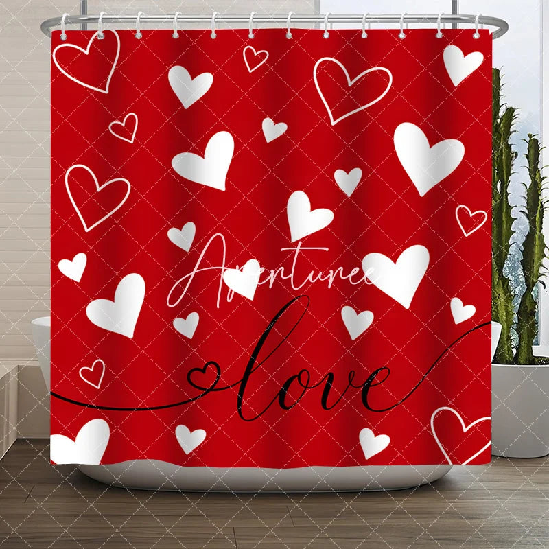 Aperturee - Aperturee Vibrant Red and White Hearts Love Script Shower Curtain Romantic Valentine’s Day Bathroom Decor for Couples