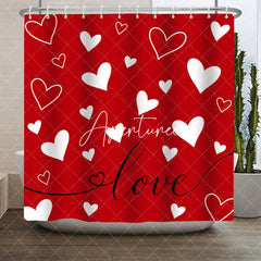 Aperturee - Aperturee Vibrant Red and White Hearts Love Script Shower Curtain Romantic Valentine’s Day Bathroom Decor for Couples