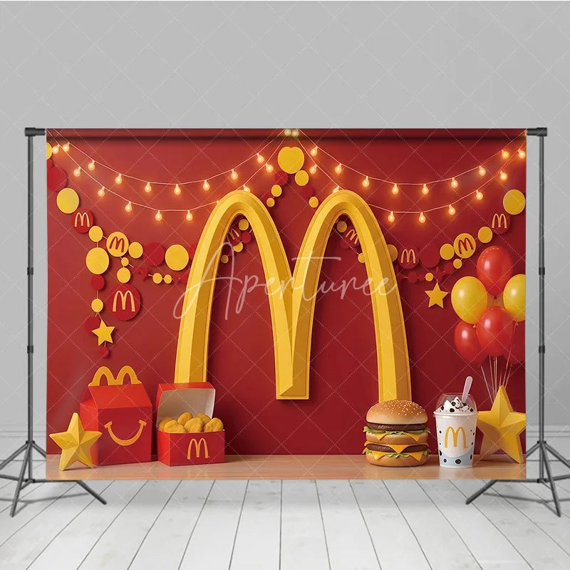 Aperturee - Aperturee Vibrant Red and Yellow Golden Arch Photography Backdrop Festive Party Decor with Balloons Snacks and String Lights.