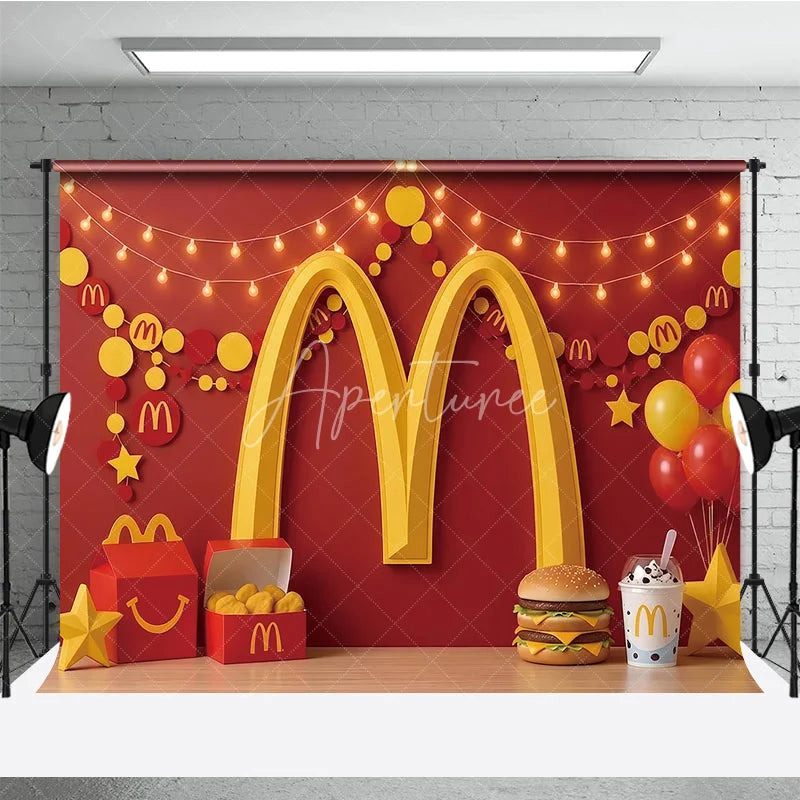 Aperturee - Aperturee Vibrant Red and Yellow Golden Arch Photography Backdrop Festive Party Decor with Balloons Snacks and String Lights.