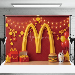Aperturee - Aperturee Vibrant Red and Yellow Golden Arch Photography Backdrop Festive Party Decor with Balloons Snacks and String Lights.