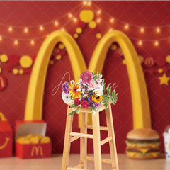 Aperturee - Aperturee Vibrant Red and Yellow Golden Arch Photography Backdrop Festive Party Decor with Balloons Snacks and String Lights.