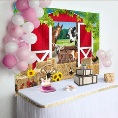 Aperturee - Aperturee Vibrant Red Barn Farm Animals Birthday Backdrop featuring Hay Bales Sunflowers and Rustic Wagon Wheel
