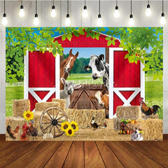 Aperturee - Aperturee Vibrant Red Barn Farm Animals Birthday Backdrop featuring Hay Bales Sunflowers and Rustic Wagon Wheel