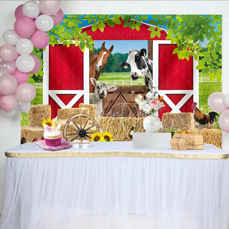 Aperturee - Aperturee Vibrant Red Barn Farm Animals Birthday Backdrop featuring Hay Bales Sunflowers and Rustic Wagon Wheel